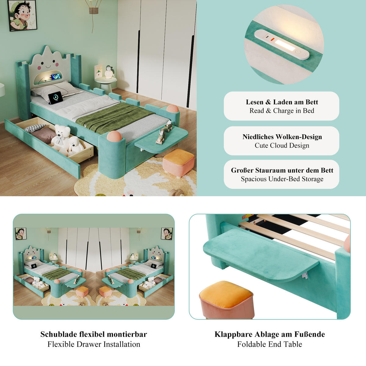 POLSTERBETT 90/200 cm in Blaugrün mit LED-Leselampe, USB-Anschluss, Stauraum-Schublade und klappbarer Ablage aus Samt - Blau/Grün, Holzwerkstoff/Textil - STILVORA