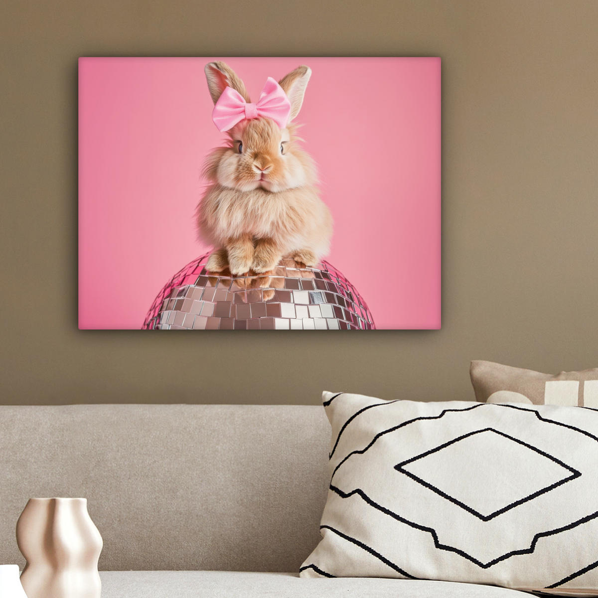 LEINWANDBILD Schleife - Discoball - Kaninchen Wandbild 40x30 cm - Pink, Textil (40/30cm) - MuchoWow