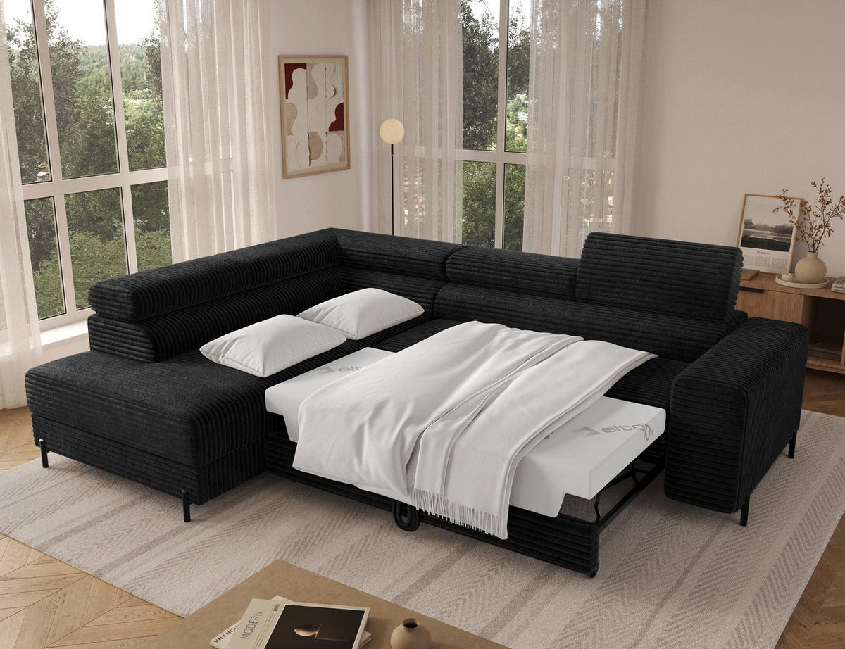 ECKSOFA COLESIO L-Form, Schlaffunktion, Bettkasten, verstellbare Kopfstützen, Wellenfederung, Metallfüße, breiter Cordstoff - Schwarz, Kunststoff/Metall (269/204cm) - Wohnideebilder
