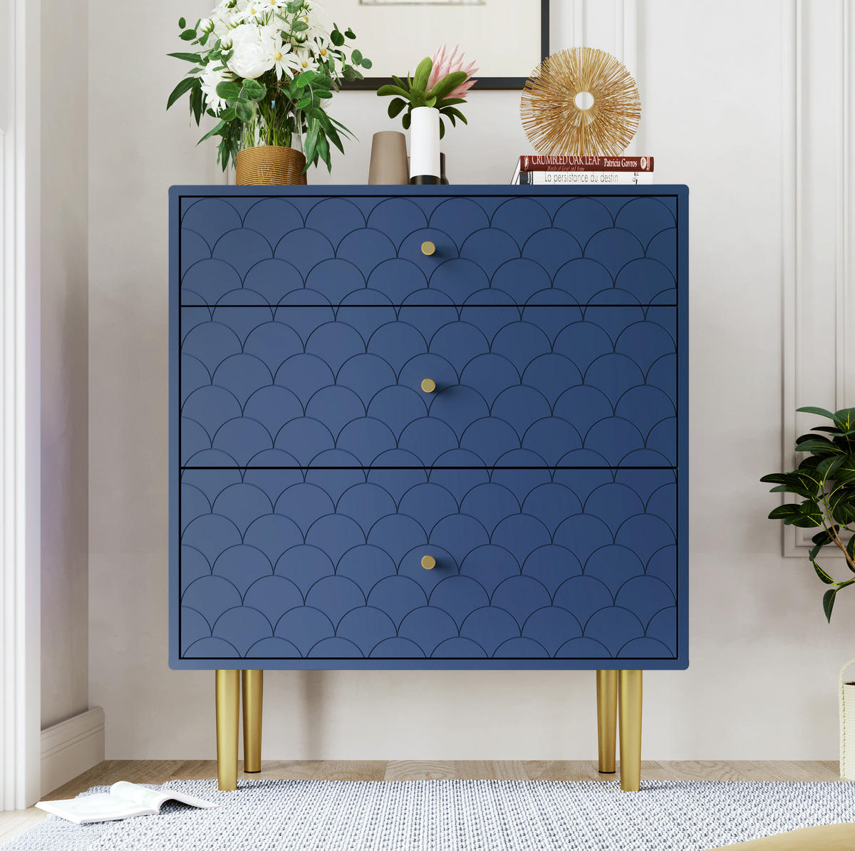 KOMMODE 75/40/89 cm mit 3 Schubladen und Metallbeinen in Marineblau - Dunkelblau, Holz (75/89/40cm) - BEAOK