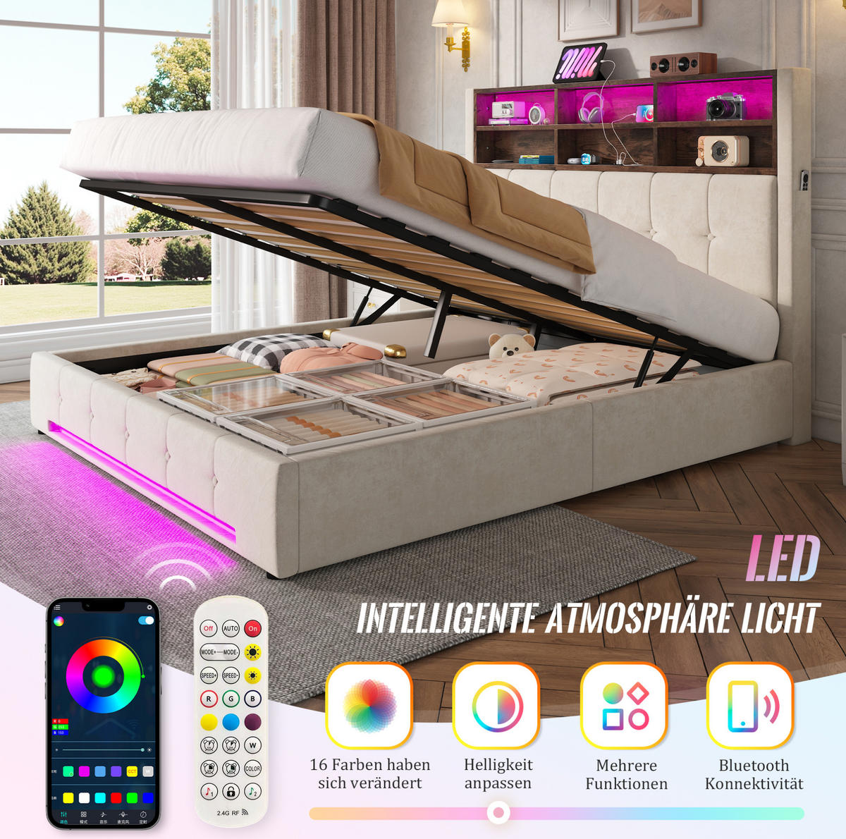 ČALOUNĚNÁ postel 160/200 cm s USB-C, LED osvětlením, hydraulickým úložným prostorem a bočními kapsami, Béžová - béžová, kov (160/200cm) - Redom