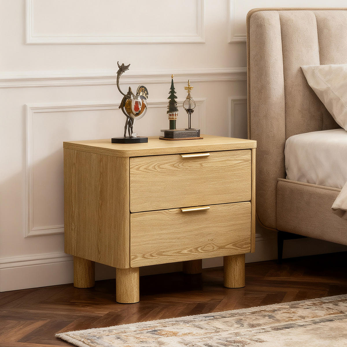 NACHTTISCH mit 2 Schubladen mit zylindrischen Beinen, Holz | B59 x T39 x H55 cm - Braun, Holzwerkstoff (59/55/39cm) - Hometopia