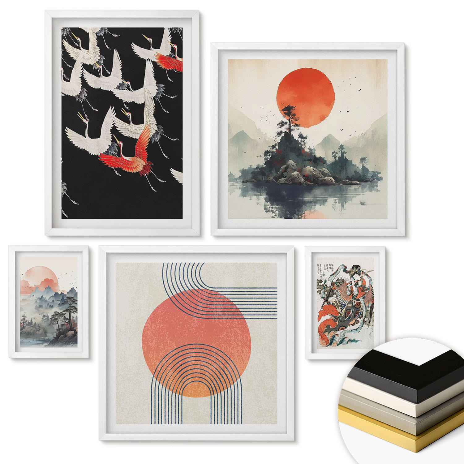 WANDBILDER 5er-Set - 50x50 cm & 20x30 cm & 40x60 cm Weißer Rahmen - Asiatische Landschaften Japandi - Weiß, Kunststoff (40/60cm) - ArtPrintCave