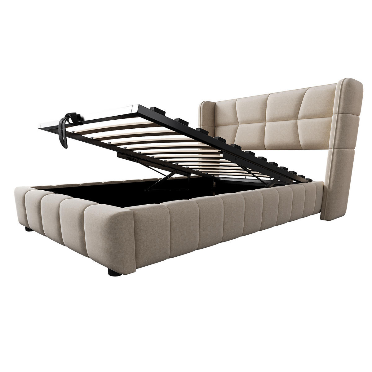 POLSTERBETT 90/200 cm beige aus Stoff mit Stauraum und Hebemechanismus - Beige, Textil (90/200cm) - OKWISH
