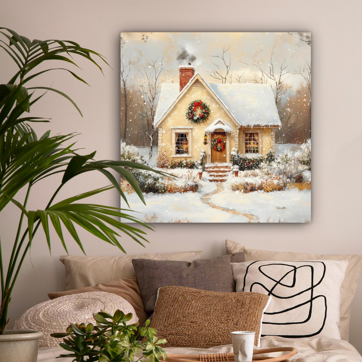 LEINWANDBILD Weihnachten - Zuhause - Winter - Schnee Deko Groß 90x90 cm - Creme, Textil (90/90cm) - MuchoWow