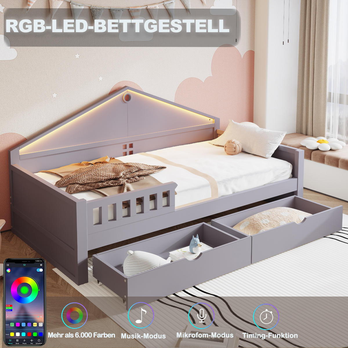 JUGENDBETT 90/200 cm in Grau mit 2 Schubladen und LED - Grau, Holz/Holzwerkstoff (90/200cm) - WISHDOR