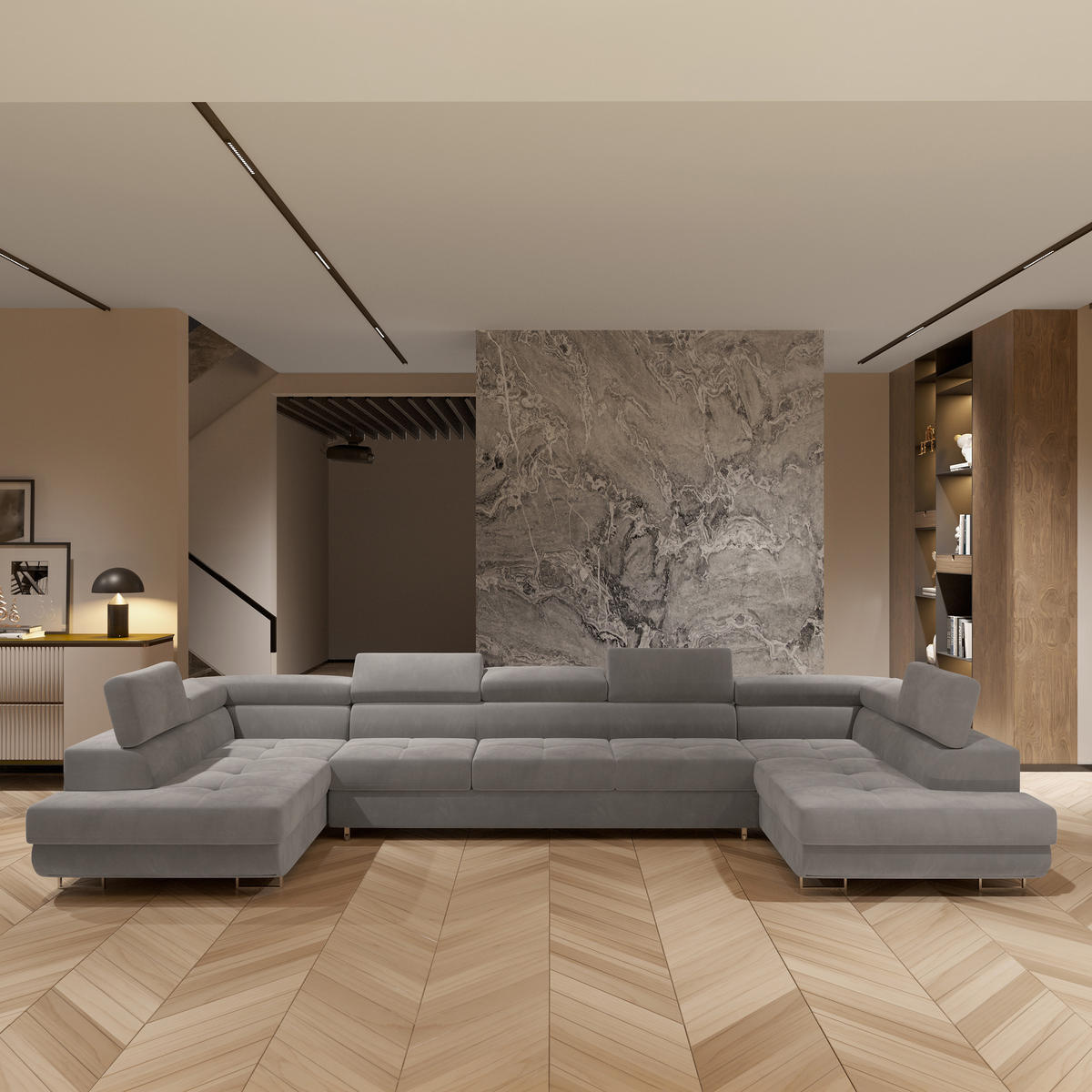 ROHOVÁ SEDAČKA ISOLANO šedá - šedá/stříbrná, kov/dřevo (408/202cm) - MASSENO