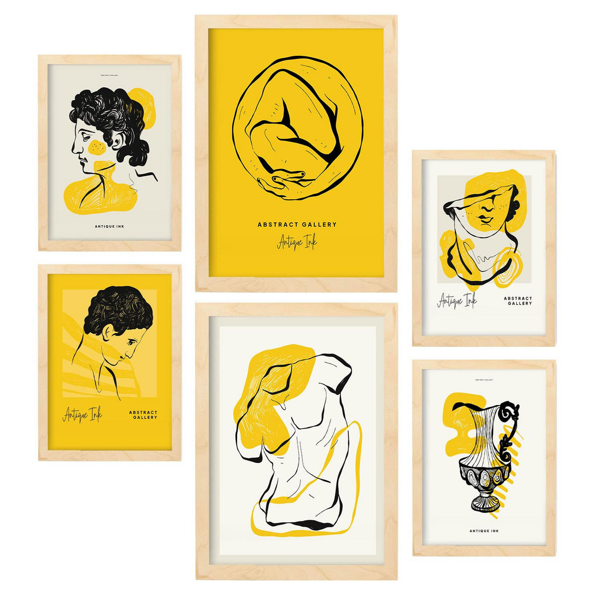 POSTER Set Mit 6 Schwarze Tintenumarmung Größe A3 & A4 Rahmen aus hellem Holz - Beige, Papier (29.7/1cm) - Nacnic