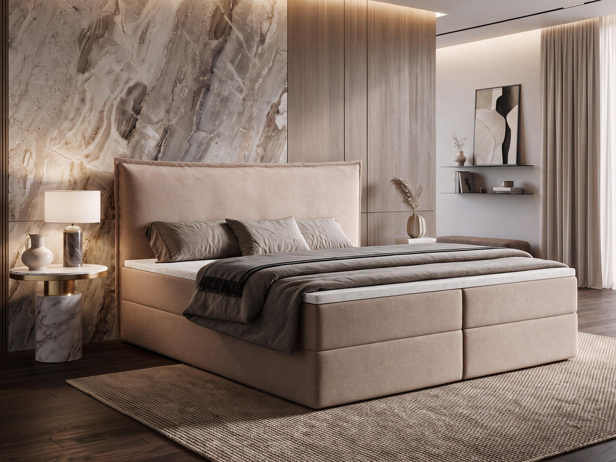 BOXBETT ARENO 200x200 cm Komplett-Set mit Bettkasten, Bonell-Matratze H3 und Topper - Hellbraun - Hellbraun, Textil (200/200cm) - Luxkor24