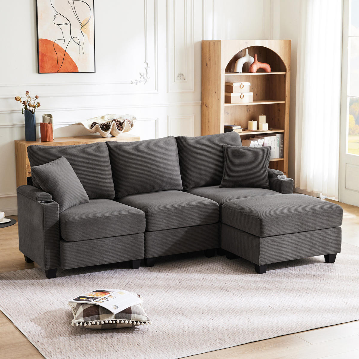 SOFA in L-Form mit Hocker USB-Ablage 213,5 x 139 cm Cord Dunkelgrau - Dunkelgrau, Textil (213.5/139cm) - IVMEU
