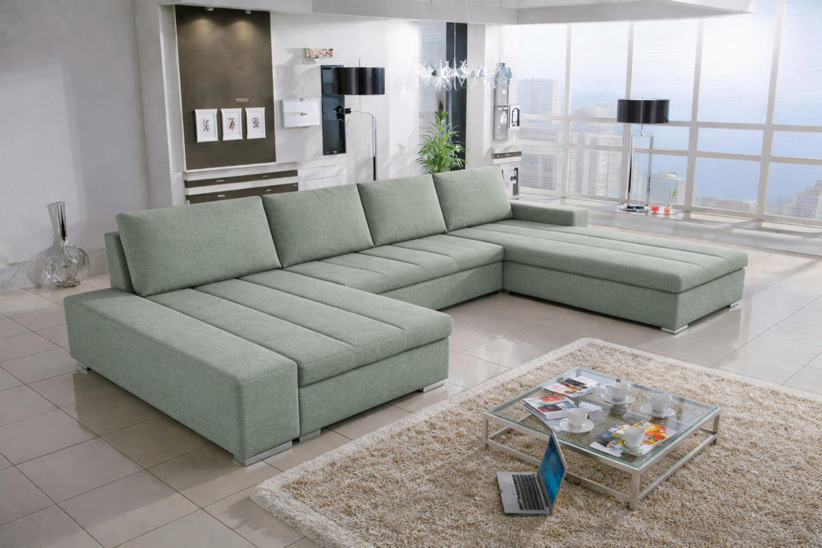 WOHNLANDSCHAFT VERONA U-Form mit Schlaffunktion, Bettkasten und Wellenfederung – Großzügiges Ecksofa 387 cm - Mintgrün, Kunststoff (387/85/213cm) - Wohnideebilder