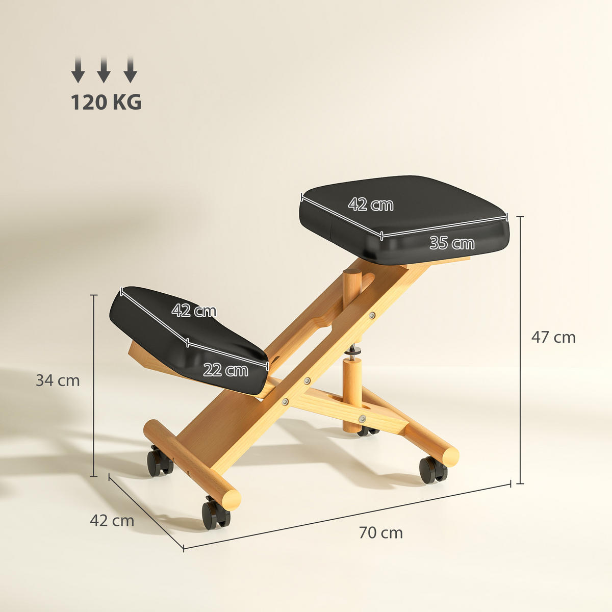KNIESTUHL Kunstleder, Gummibaumholz Schwarz - Schwarz, Holz (42/47/70cm) - HOMCOM