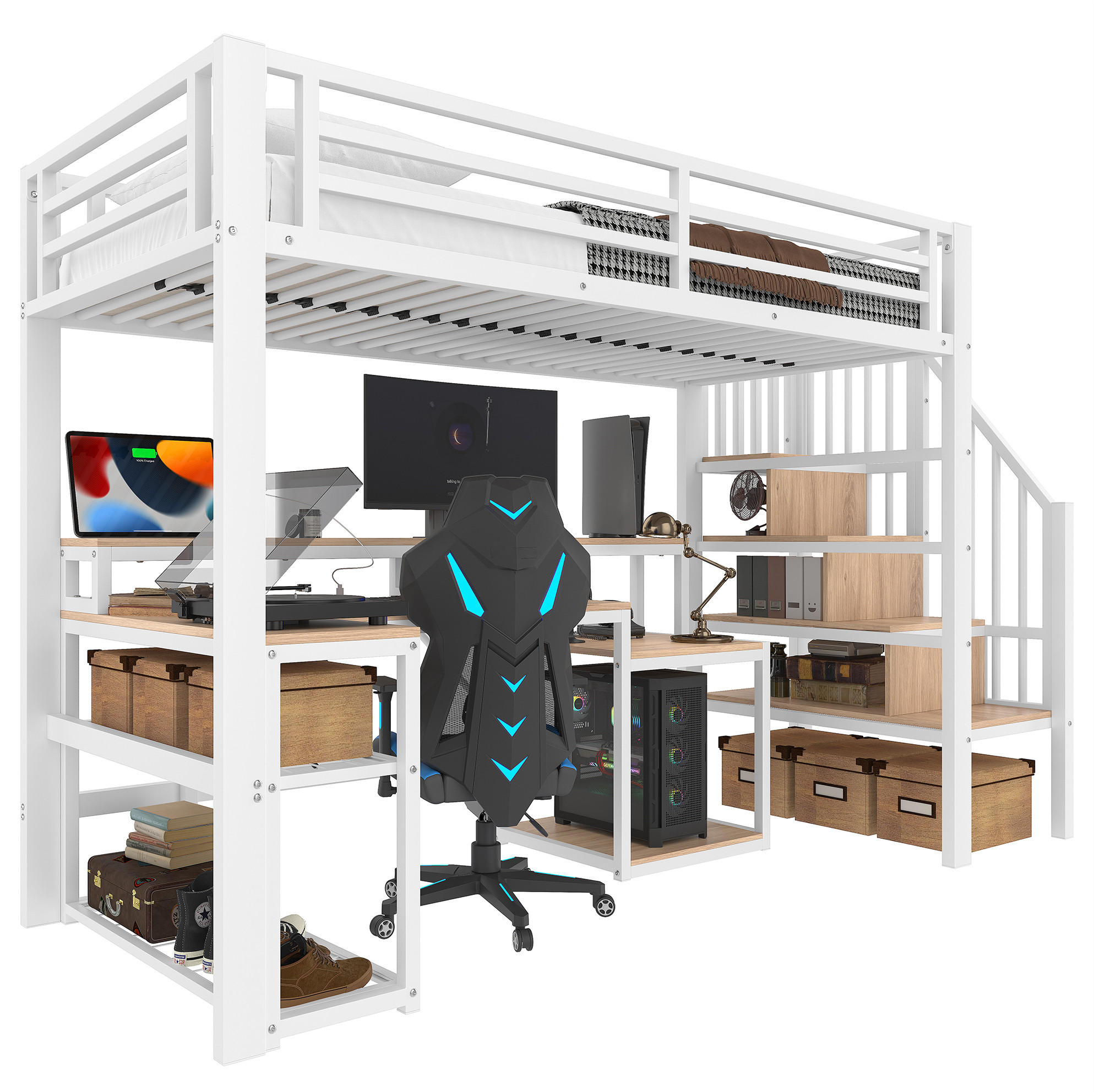 HOCHBETT 90/200 cm in Weiß mit LED-Beleuchtung, Schreibtisch und USB-Anschluss - Weiß, Metall (90/200cm) - Flora Grace