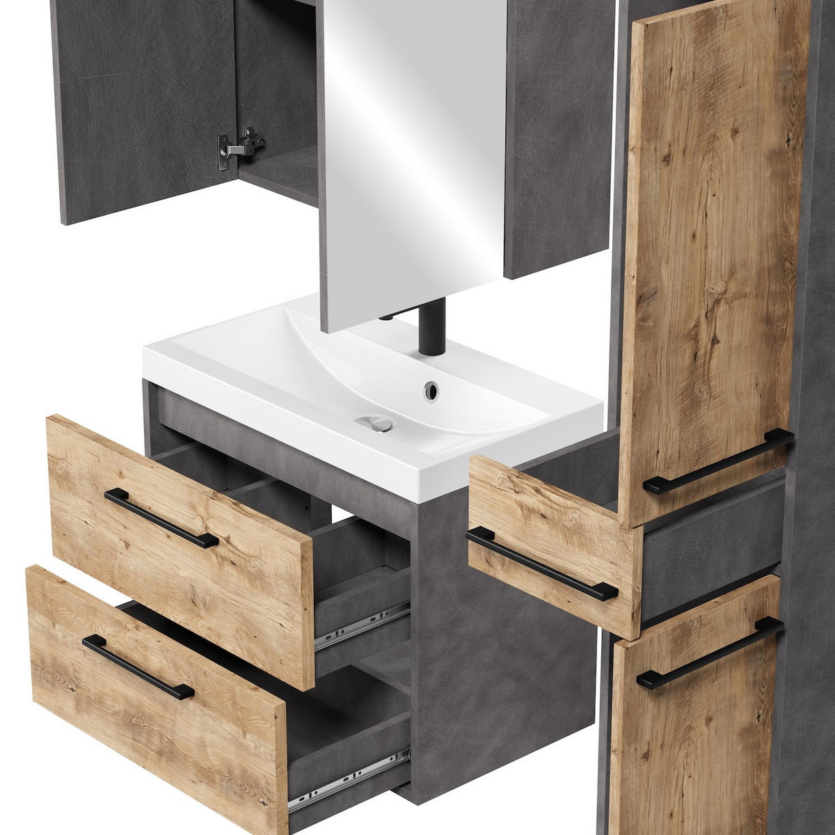 BADMÖBEL-SET Florence 4 Teile Kastanien Eiche / Grau - 60 x 35 x 51 cm - Eichefarben/Grau, Holz (60/51/35cm) - Badplaats