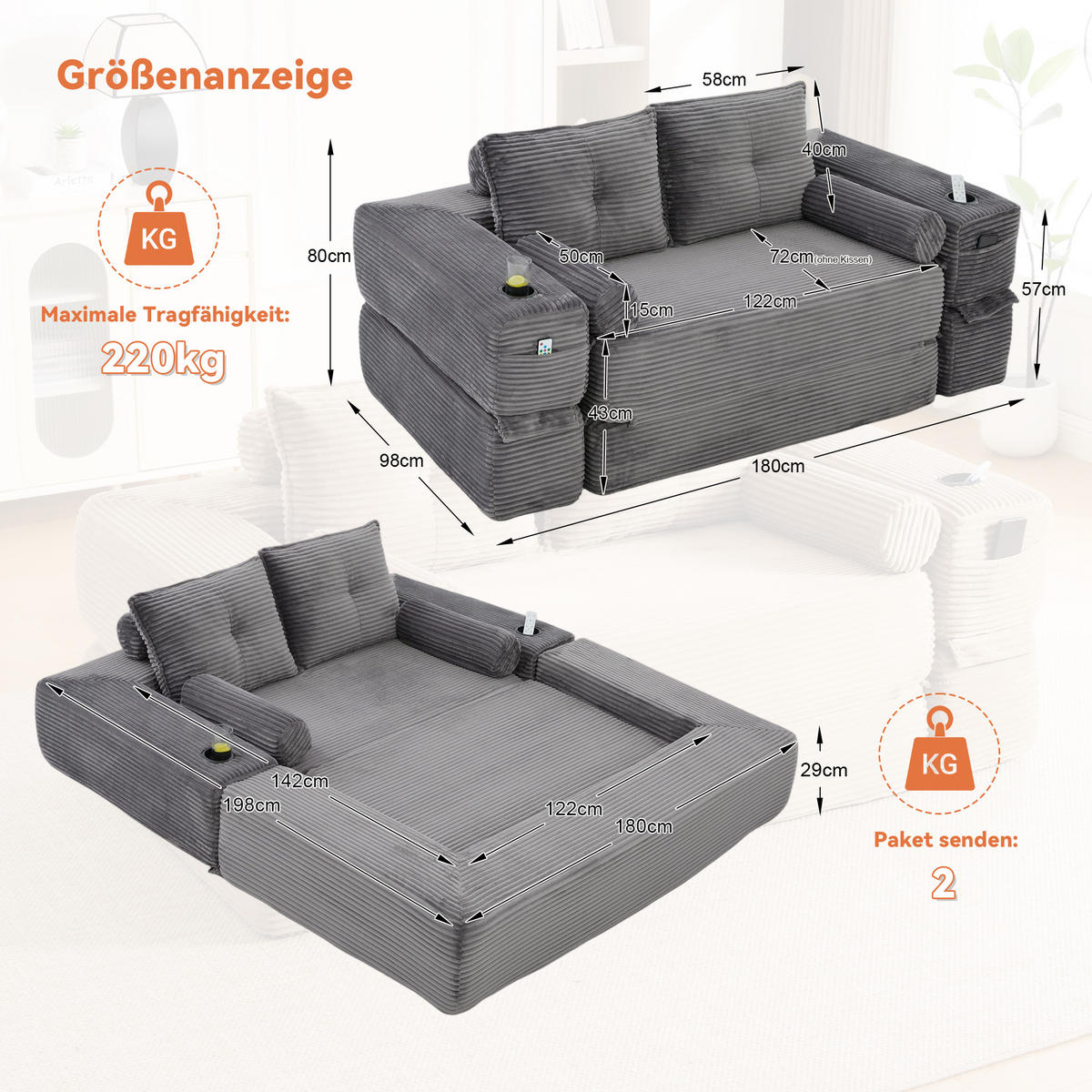 SCHLAFSOFA mit Klappfunktion, Memory-Kissen und Getränkehalter aus Cord - Dunkelgrau, Textil (180/80/98cm) - EVRYAE