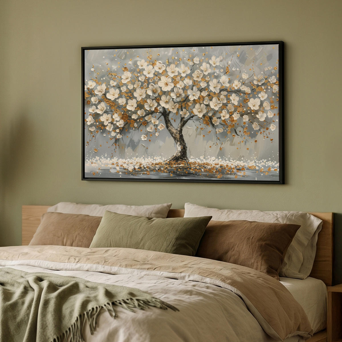 LEINWAND Bilder mit Rahmen - Baum - Blumen - Weiß - Natur - Kunst - 90x60 - Weiß, Textil (90/60cm) - MuchoWow