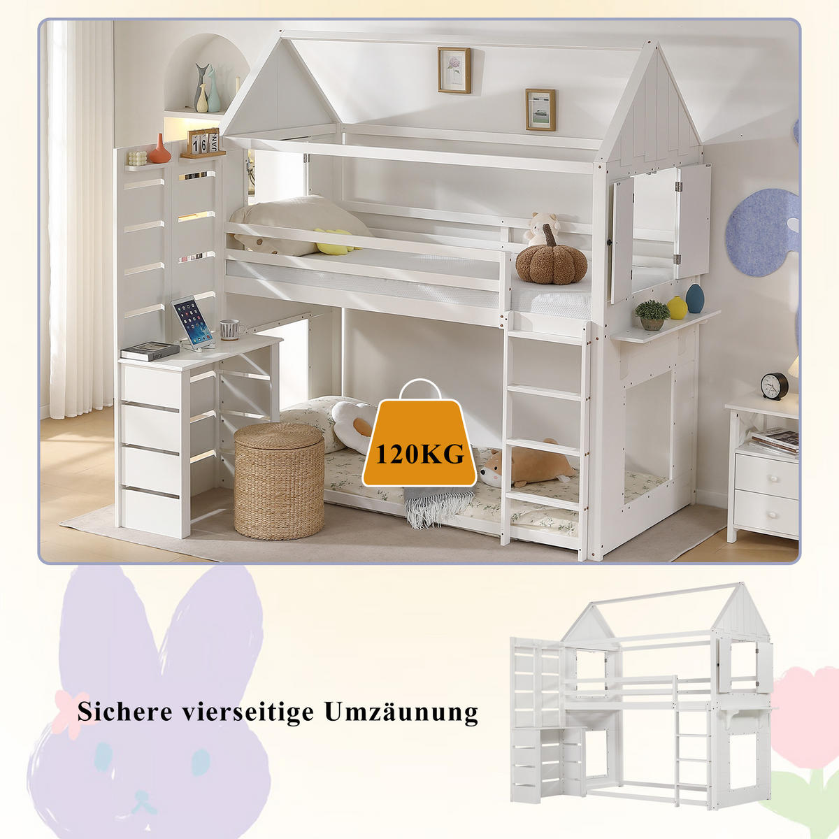 HAUSEBETT 90x200cm mit Tisch und Offenes Regal in Weiß - Weiß, Holz (90/200cm) - KOMHTOM