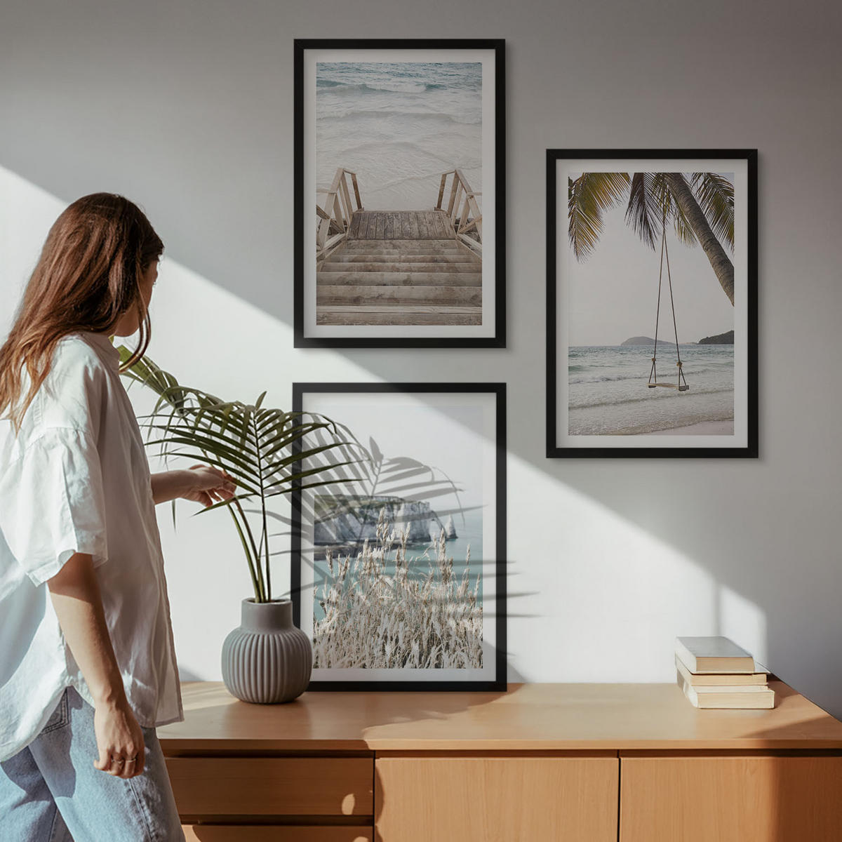 WANDBILDER 3er-Set - 40x60 cm Schwarzer Rahmen - Strandtreppe aus Holz, Schaukel - Schwarz, Kunststoff (40/60cm) - ArtPrintCave