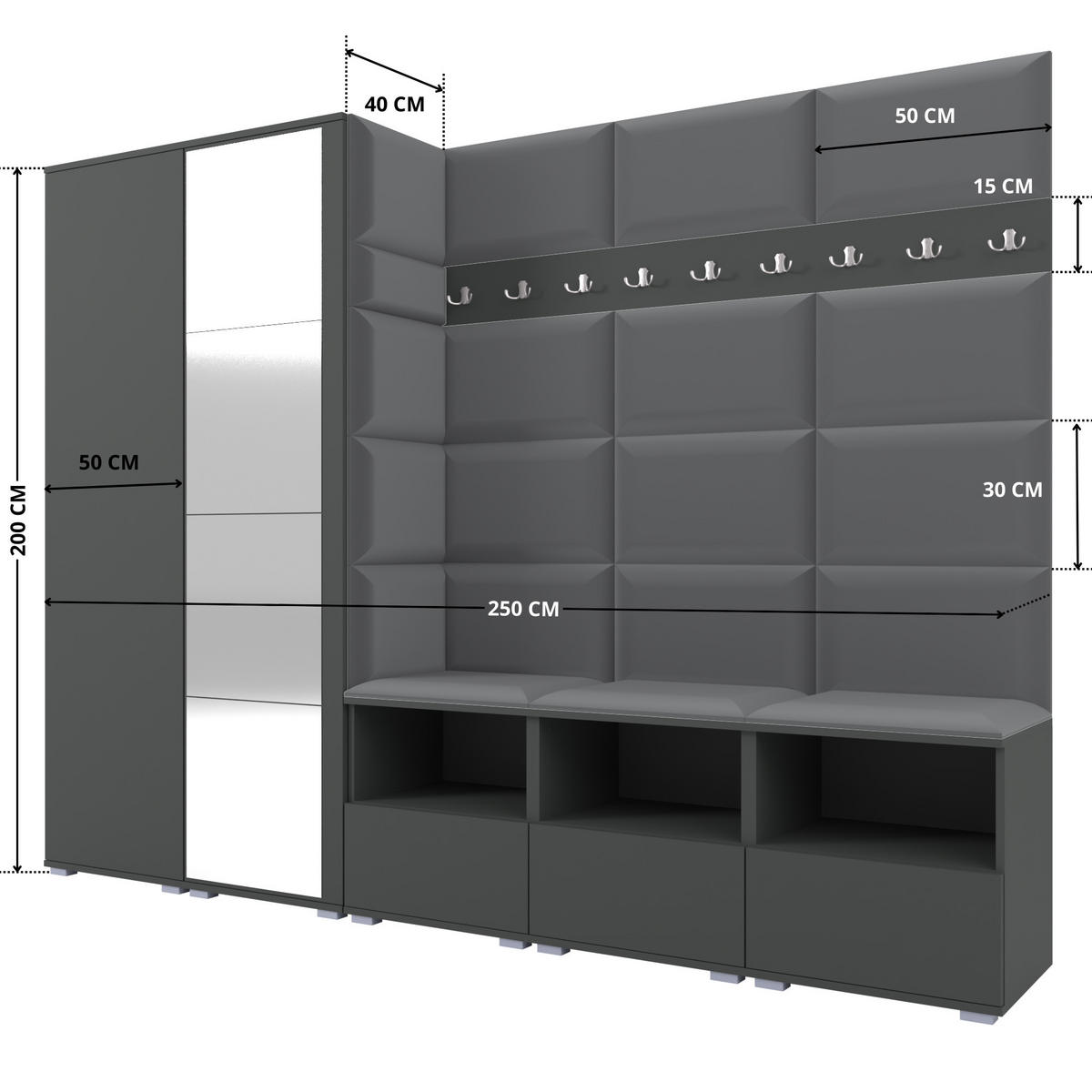 GARDEROBE NELA VII 250 cm (Modulare Flurmöbel XL Graphit mit Spiegel & Sitzpolster Dunkelgrau 15 Universell) - Dunkelgrau/Silberfarben, Holz/Holzwerkstoff (250/187/40cm) - Ravio
