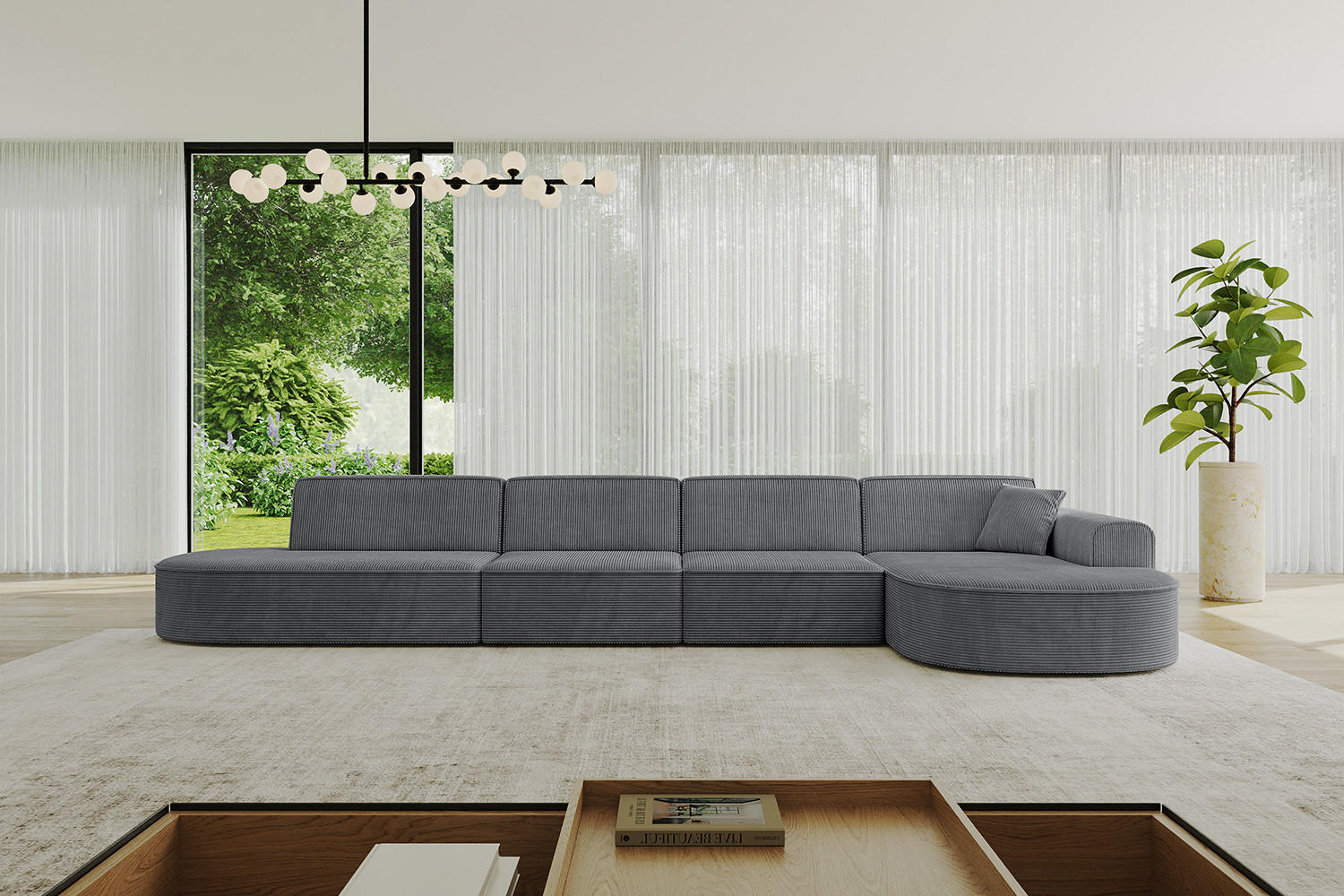 ECKSOFA Ottomane Rechts MARI-L3 - 402x163x73,5 cm Dunkelgrau Cord - Dunkelgrau/Schwarz, Holzwerkstoff/Kunststoff (402/163cm) - ALTDECOR