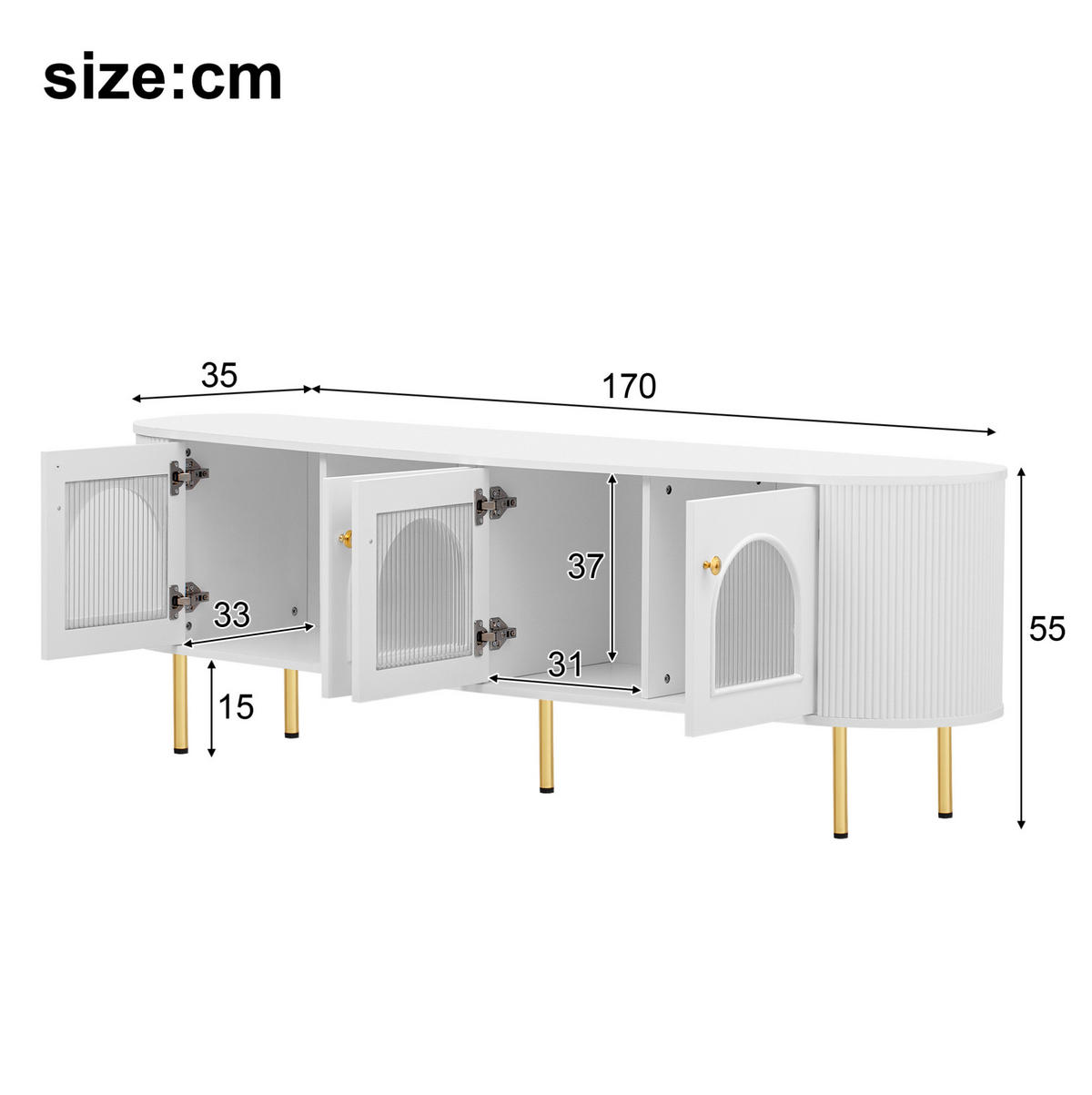 TV-SCHRANK in Weiß/Gold mit 4 Glastüren und Kabelführung 170/35/55 cm - Weiß, Holzwerkstoff (170/55/35cm) - Redom