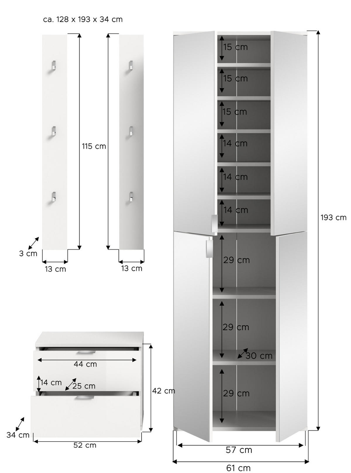 GARDEROBE Set 4-teilig weiß Hochglanz 128 cm, Flurgarderobe mit 9 Fächern - Chromfarben/Weiß Hochglanz, Glas/Holzwerkstoff (128/193/34cm) - Inn.Furn