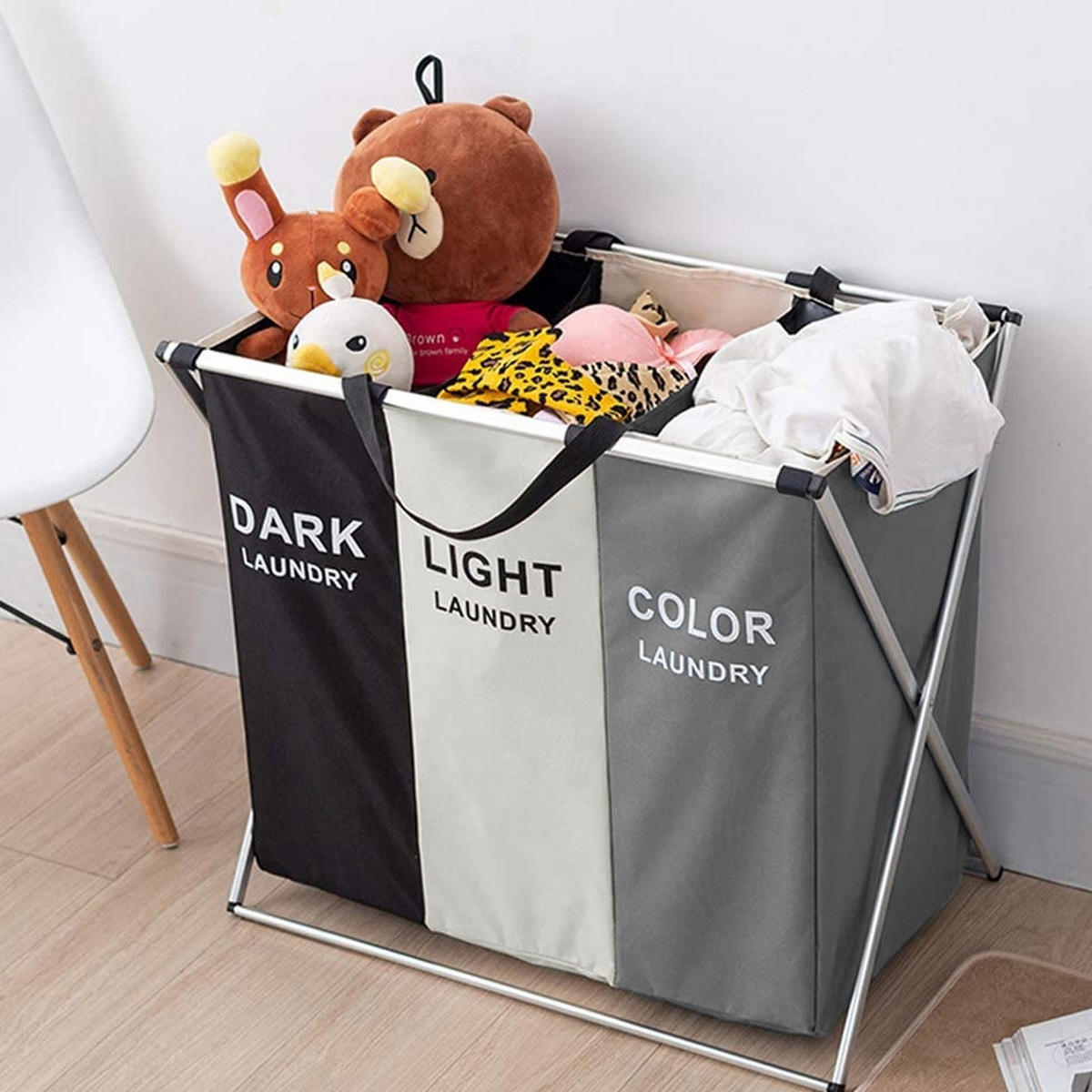 WÄSCHEKORB 3-Fächer faltbar Aluminiumrahmen 66×38×58cm - Weiß, Kunststoff (66/58/38cm) - Livingandhome