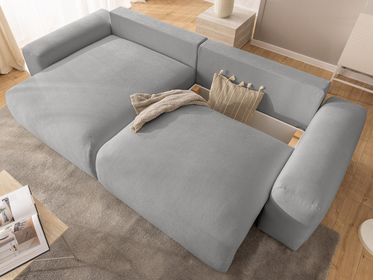 ECKSOFA Puffy mit Schlaffunktion und Bettkasten - besonders weich und puffig aus Grau Webstoff - Ottomane links - Schwarz/Grau, Holz/Kunststoff (138/266cm) - S-Style Möbel