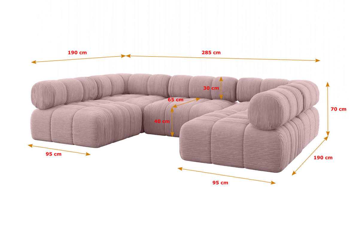 WOHNLANDSCHAFT modulares Sofa Garvo-U1 - 285x190x70 cm Rosa Cord - Rosa, Holzwerkstoff/Textil (285/70/190cm) - ALTDECOR