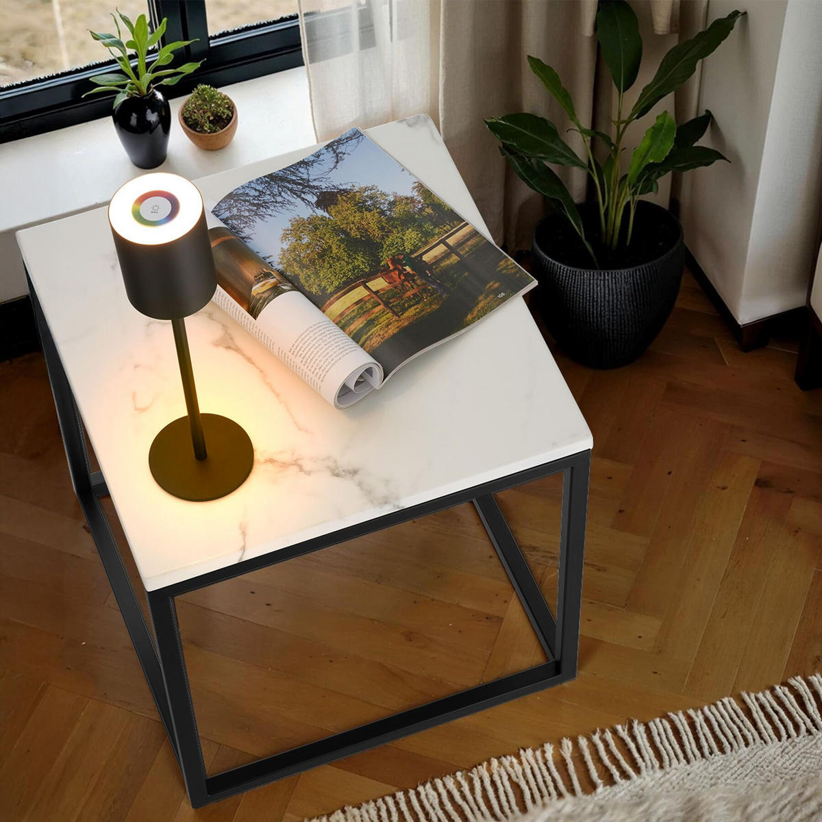 MARMOR-BEISTELLTISCH Alysia,mit höhenverstellbaren Kunststofffüßen,schwarz/weiß - Schwarz/Weiß, Stein (45/45/47.5cm) - tectake