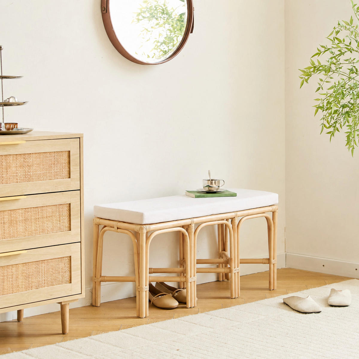 SITZBANK Rattan Beige - Braun, Holz (90/51/42cm) - Nordlys