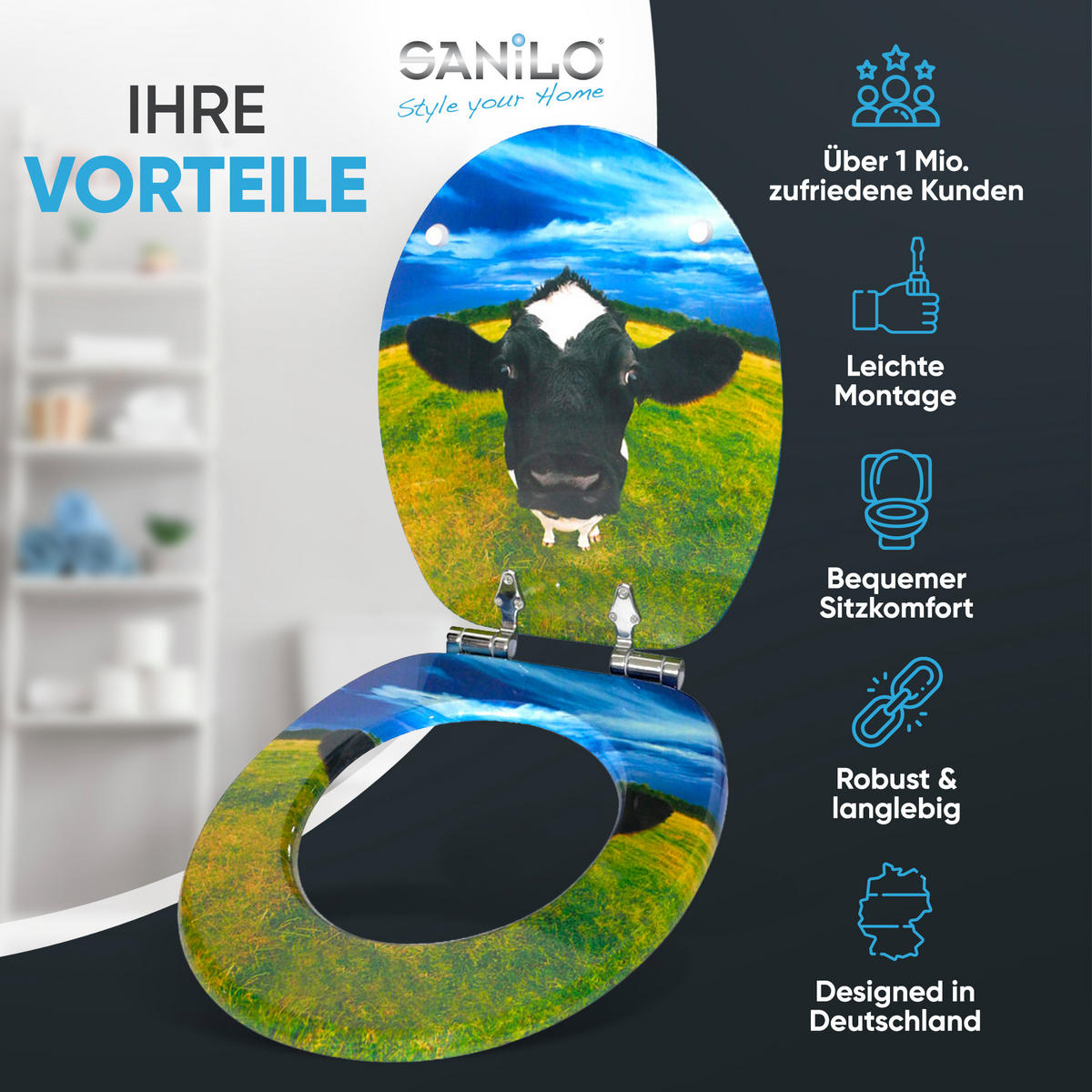 WC-SITZ mit Absenkautomatik Kuhkopf - Multicolor, Holzwerkstoff (38/6/47cm) - Sanilo