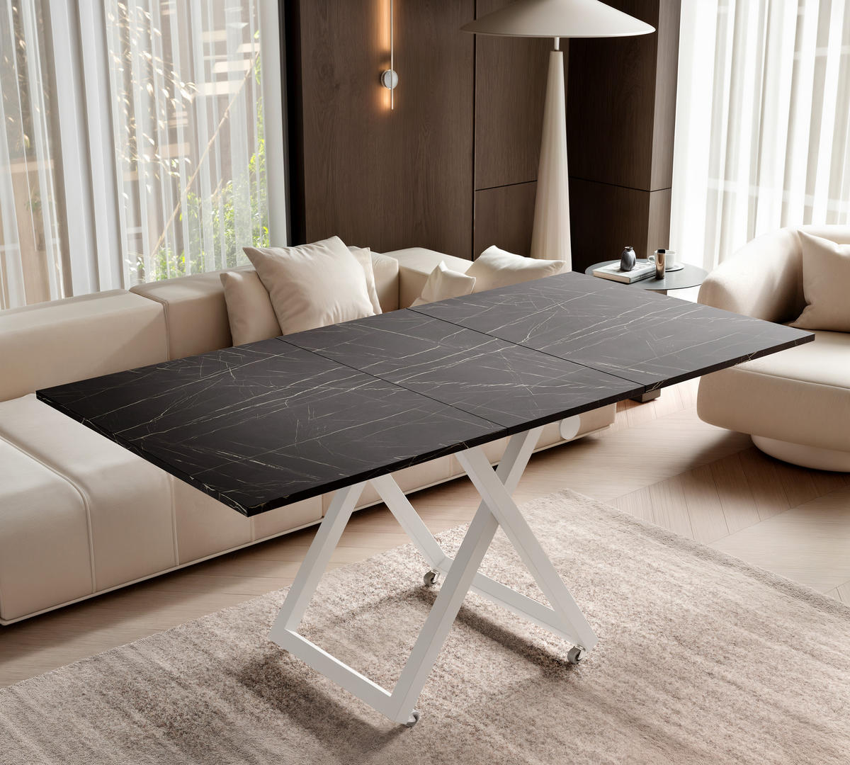 COUCHTISCH ARIA 120-160/80 cm, Höhenverstellbar, Weiß / Grigia Pietra (Steingrau) - Weiß/Grau, Holzwerkstoff/Metall (120/80/38cm) - Idohome