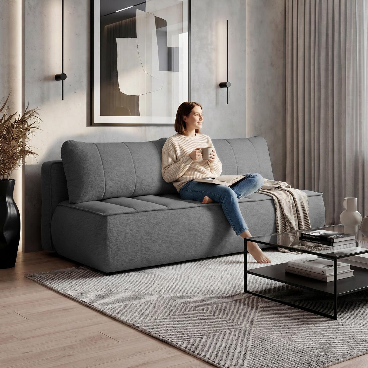 SCHLAFOSOFA Doris mit Schlaffunktion und Bettkasten, DL-System, Dunkelgrau - Dunkelgrau, Textil (210/88/100cm) - Beautysofa