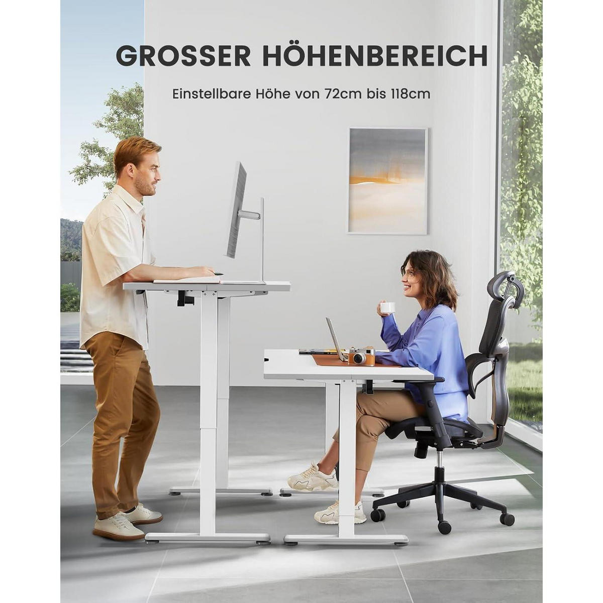 SCHREIBTISCH höhenverstellbar elektrisch 100 x 60 cm Weiß - Weiß, Metall (100/60/72cm)
