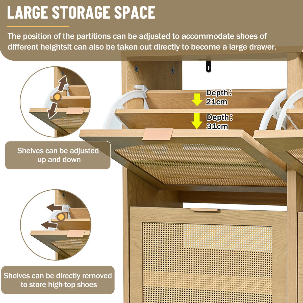 SCHUHSCHRANK in Rattanoptik mit 4 Klappen, schmale Schuhkommode für Flur - Naturfarben, Holz (100/90/25cm) - PARAFTA HOME