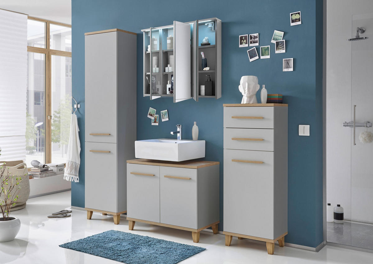 SPIEGELSCHRANK Bad 100 cm GRAU mit LED-Beleuchtung & Steckdose - Grau, Holzwerkstoff (100/68/15cm) - Aileenstore