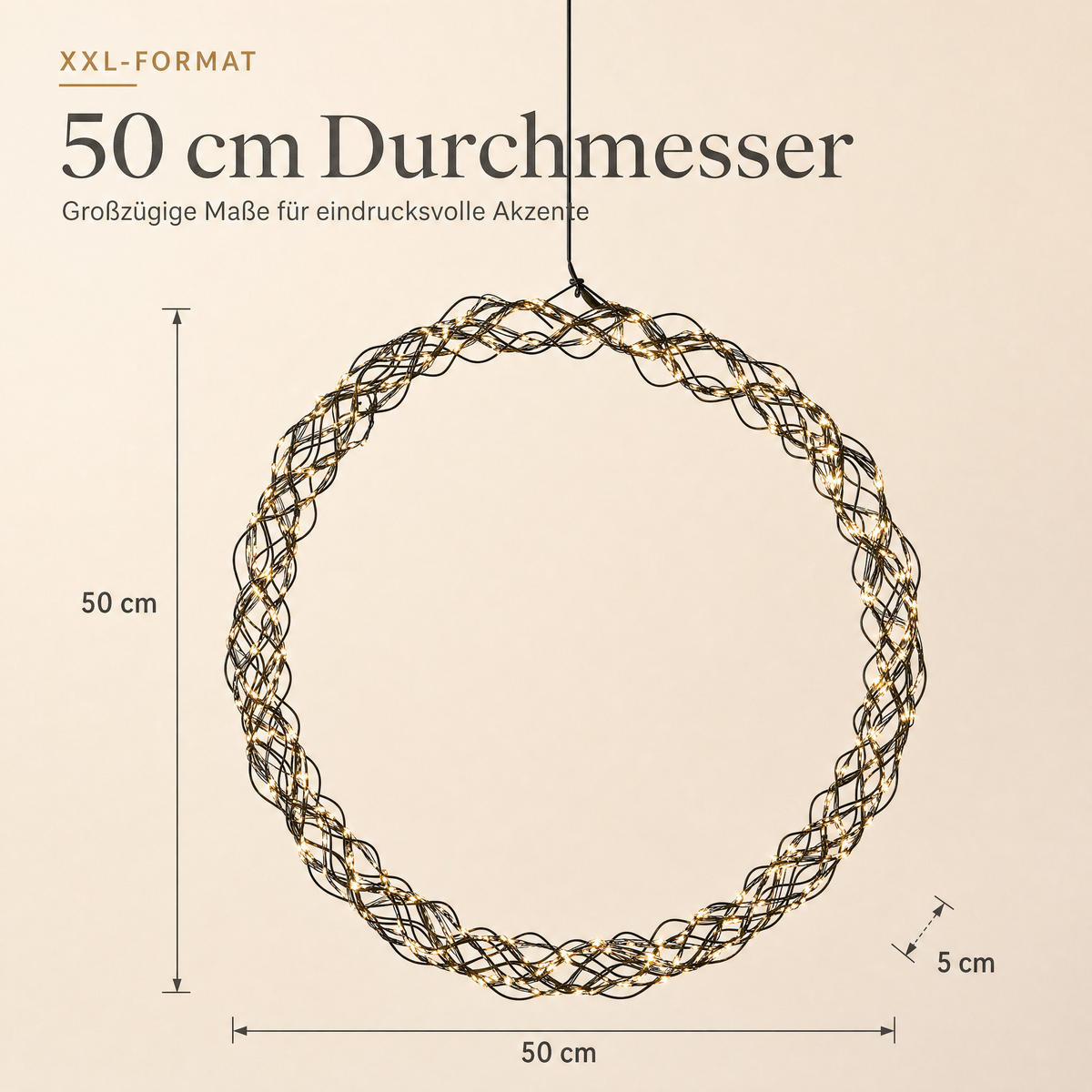 XXL-LED-LICHTKRANZ - 1000 Micro LEDs warmweiß mit Timerfunktion und IP44 für Innen- und Außenbereich, 50 cm - Schwarz, Metall (50/5/50cm) - Northpoint