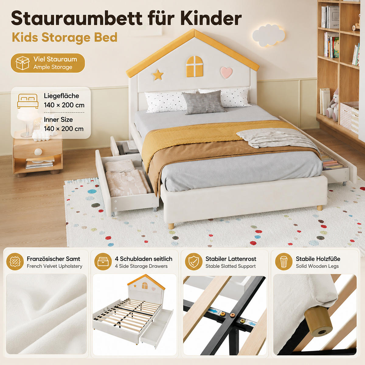 KINDERBETT 140x200 cm in Beige mit Haus-Kopfteil und 4 Schubladen - Beige, Textil (140/200cm) - IVMEU
