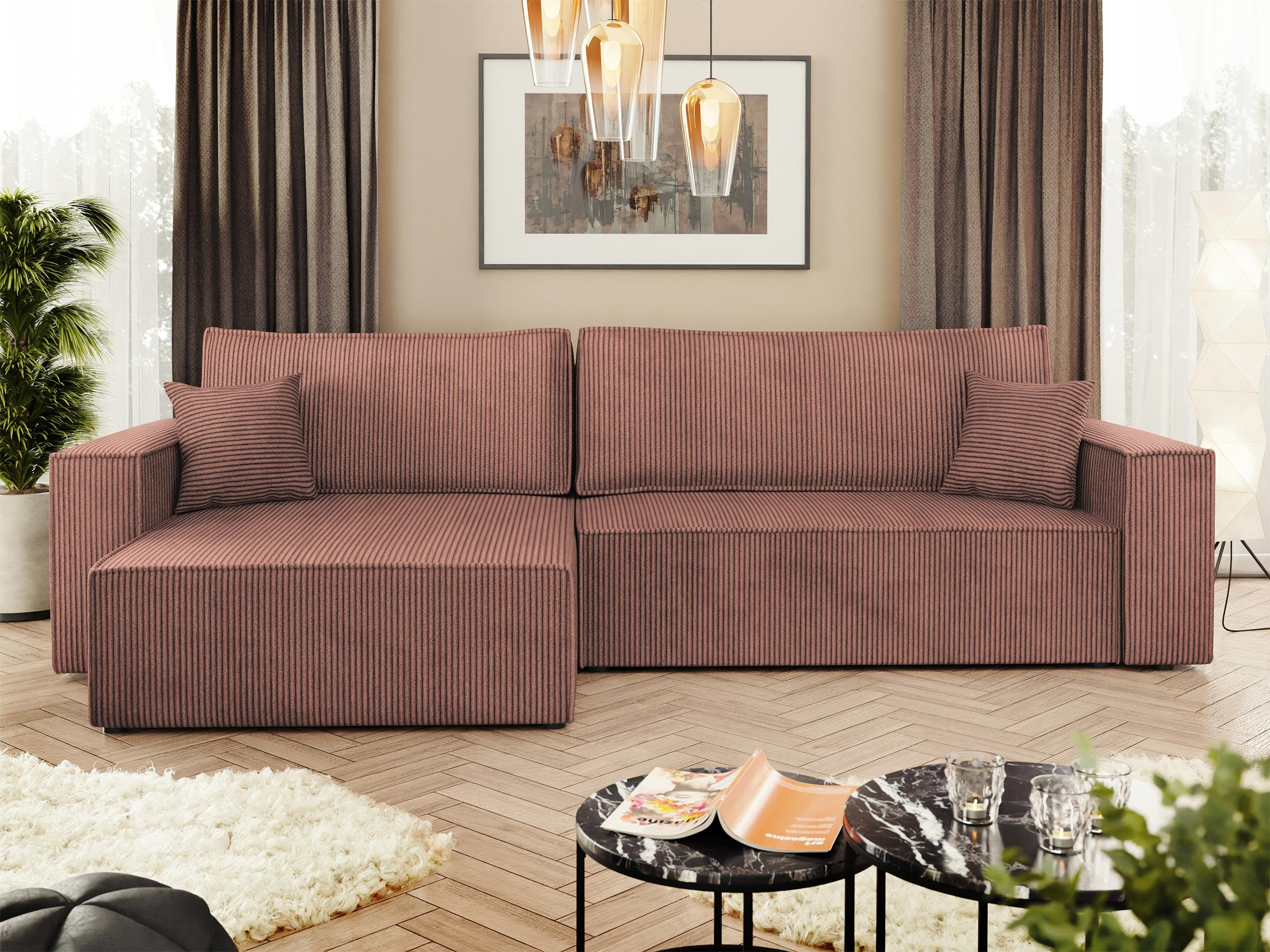 ECKSOFA Karl Cord Maxi - Schwarz/Rosa, Holz/Kunststoff (272/145cm) - MIRJAN24