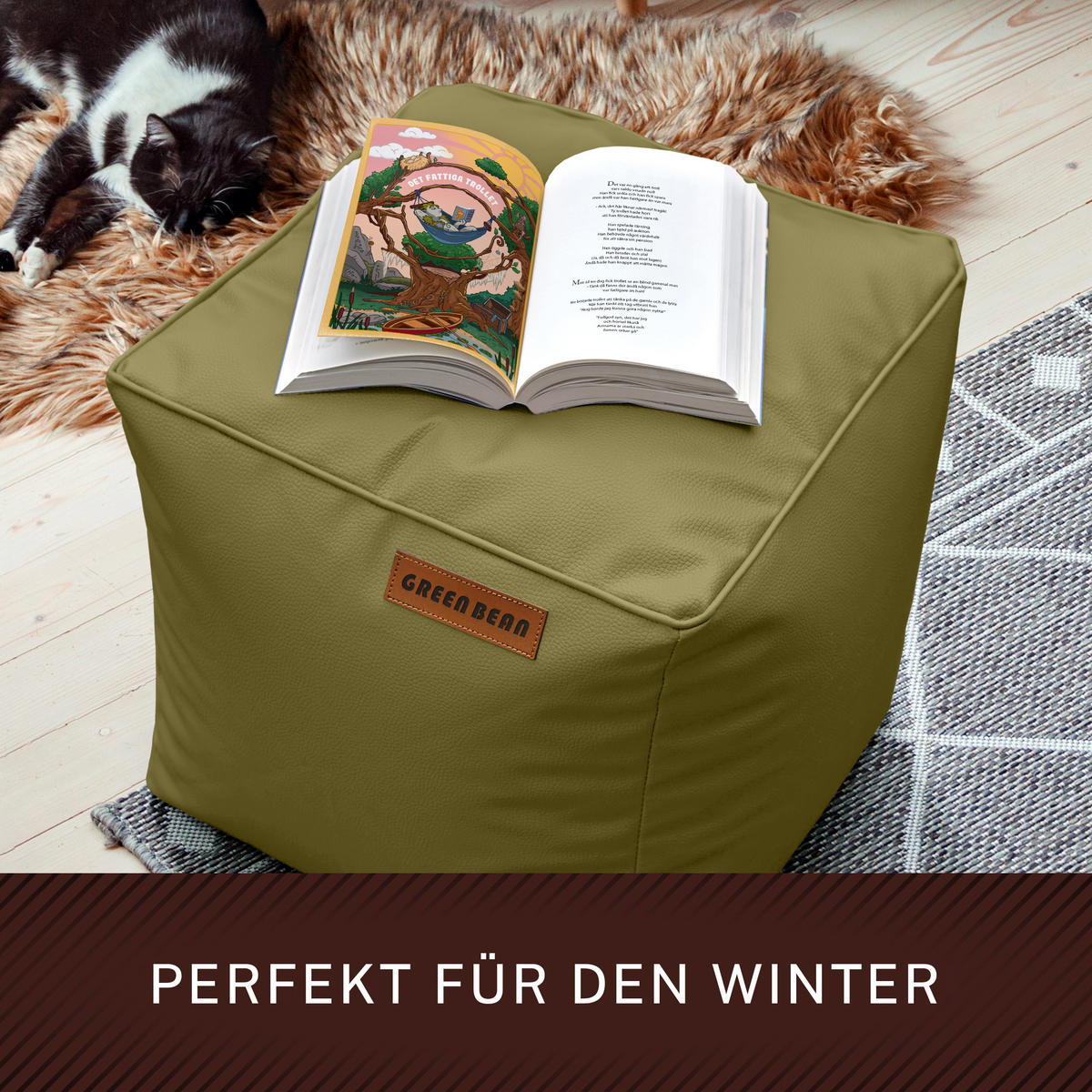INDOOR HOCKER Cube eckig Kunstleder - Grün, Textil (40/40/40cm) - Green Bean