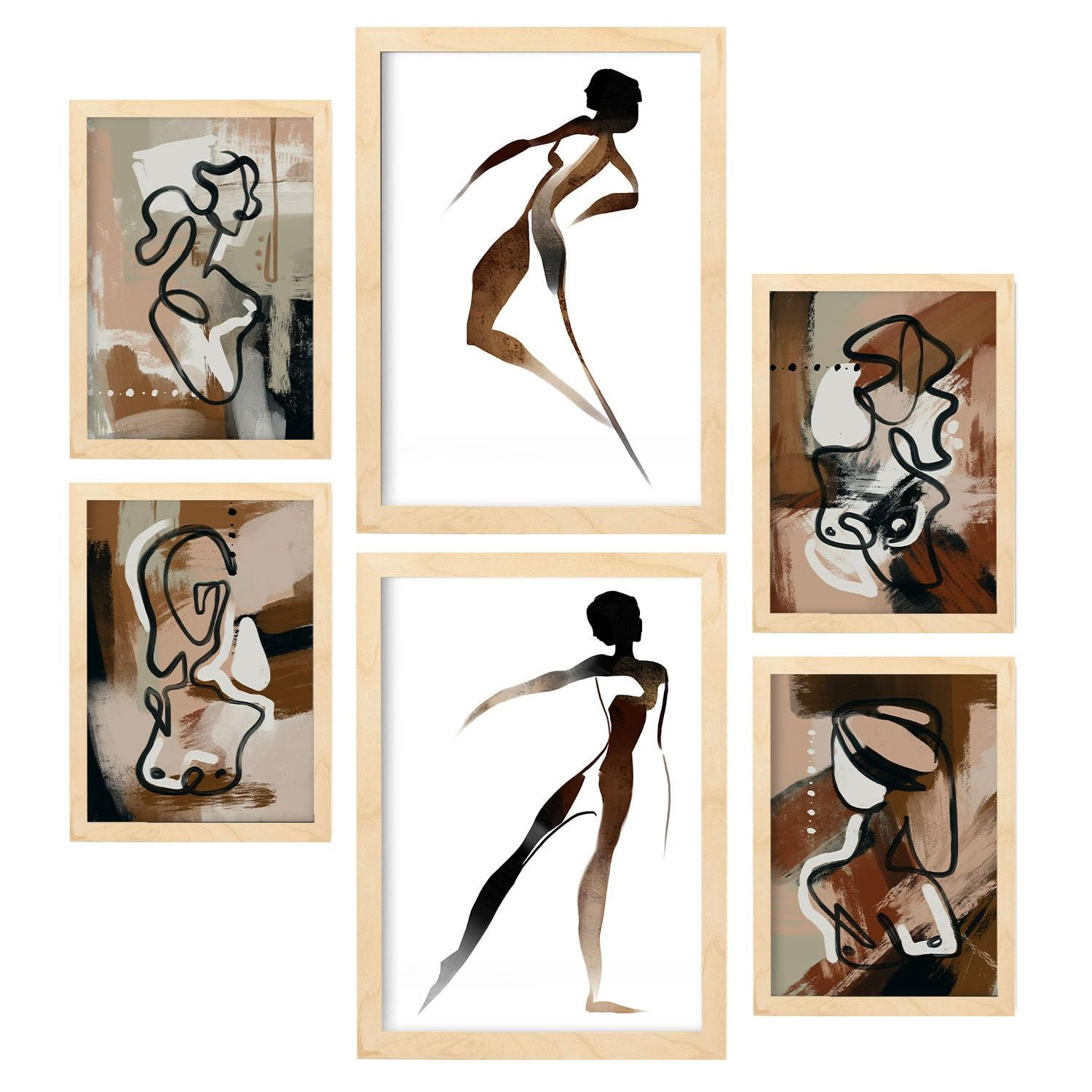 POSTER Set Mit 6 Weibliche Körpertugend Abstrakt Größe A3 & A4 Rahmen aus hellem Holz - Beige, Papier (29.7/1cm) - Nacnic