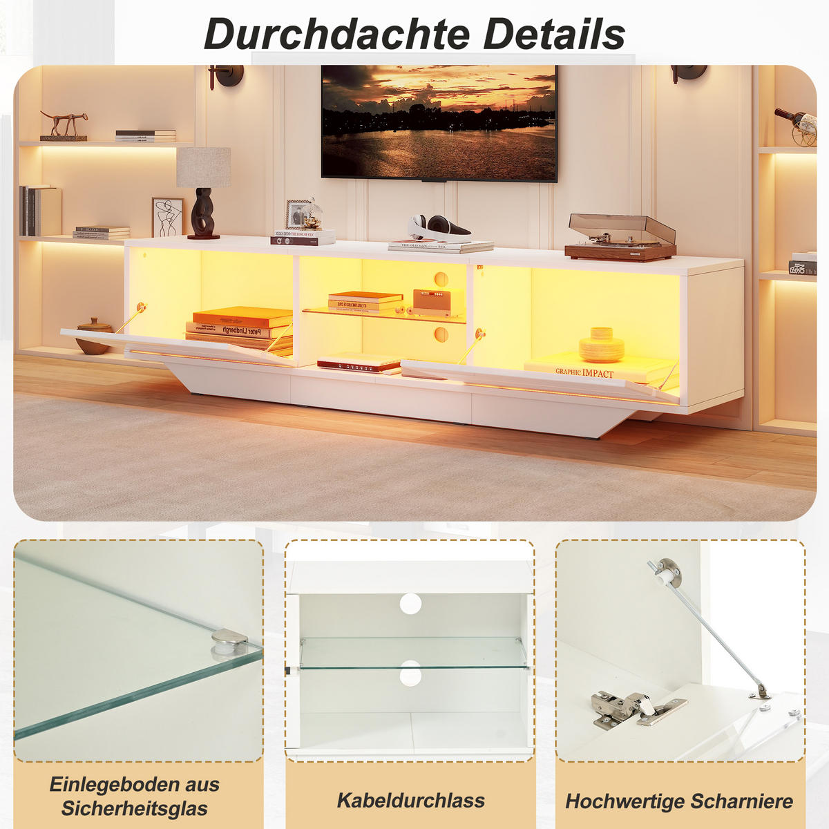 TV-LOWBOARD 160x35x44.5cm Weiß mit LED und 2 Türen - Weiß, Holzwerkstoff (160/44.5/35cm) - FLIEKS