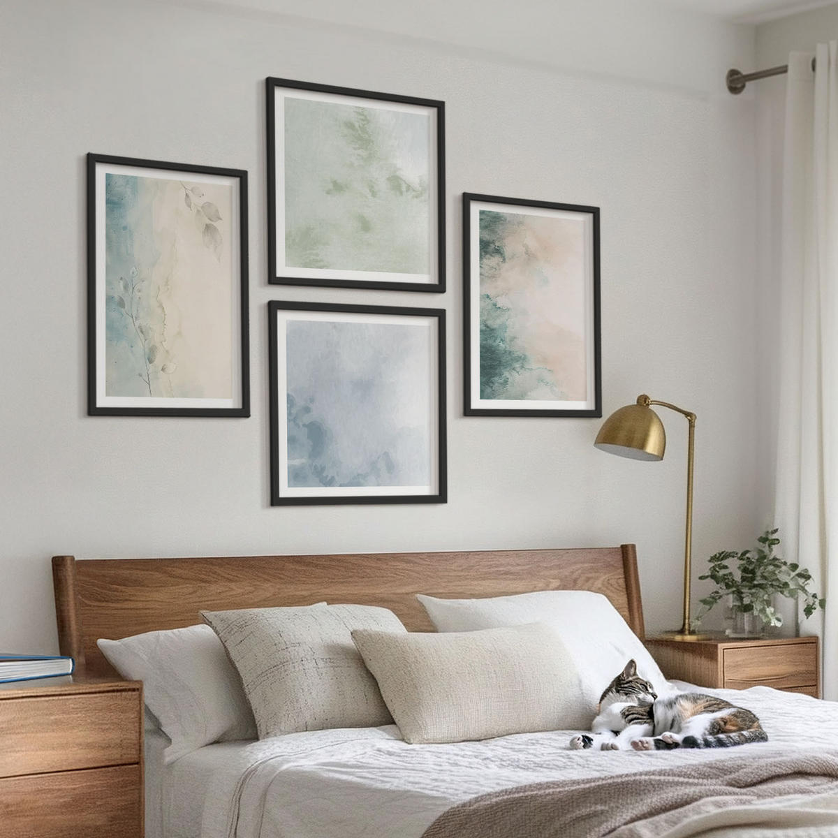 WANDBILDER 4er-Set - 50x50 cm & 40x60 cm Schwarzer Rahmen - Aquarell-Leinwandstil - Schwarz, Kunststoff (50/50cm) - ArtPrintCave