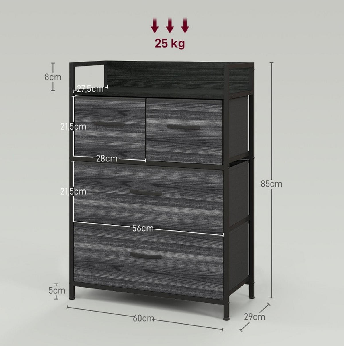 KOMMODE aus Polyester und Stahl 29x60x85 cm Schwarz mit 4 Stoffschubladen und Ablage im Industrial-Stil - Schwarz, Holzwerkstoff (60/85/29cm) - Modfu