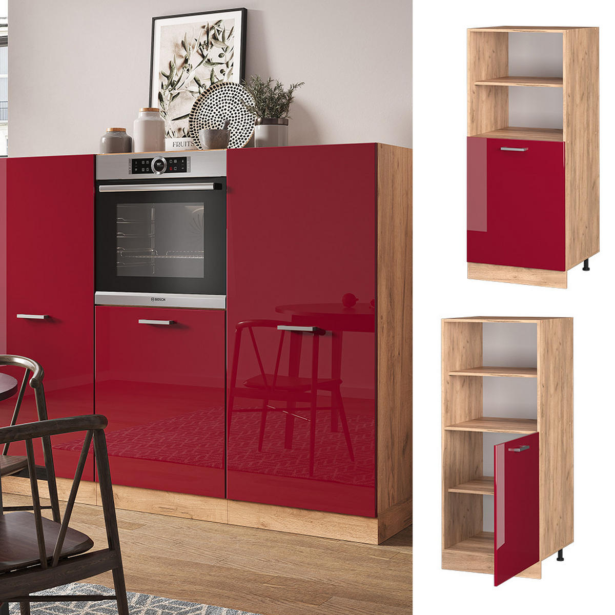 HERDUMBAUSCHRANK R-Line Rot Hochglanz 60 cm - Honigeiche/Bordeaux, Holzwerkstoff (60/143/57cm) - Vicco