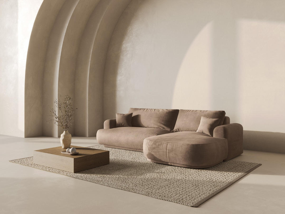 SCHLAFSOFA modular mit Bettkasten rechts Ella aus Samt dunkelbeige 5 Sitzplätze - Mokka, Textil (174/271cm) - Micadoni