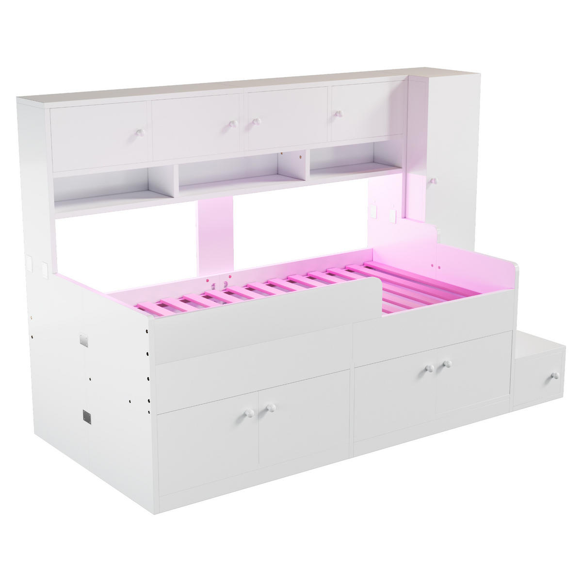 STAURRAUMBETT 90/200 cm DE-01518, in Weiß, mit Kleiderschrank, Kletterleiter und LED-Beleuchtung - Weiß, Holzwerkstoff (90/200cm) - ComfortXL