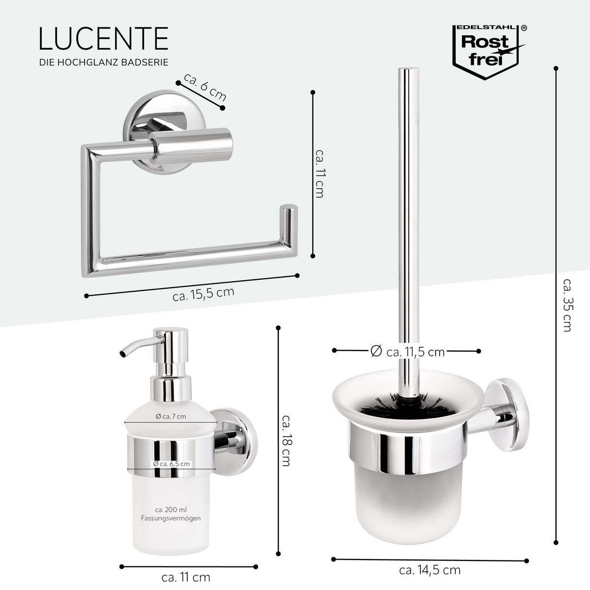 BADEZIMMER-ZUBEHÖR-SET LUCENTE 3tlg, Edelstahl, verchromt - Chromfarben, Metall (11.5/35/14.5cm) - bremermann