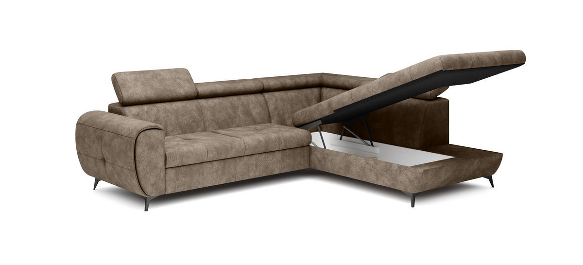 ECKSOFA MAGIA R-S Braun Plüsch-Stoff mit Schlaffunktion - Braun, Holz (260/217cm) - MASSENO